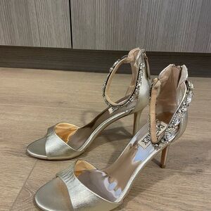 Badgley Mischka Gold Stiletto Heels with Rhinestone Ankle Strap